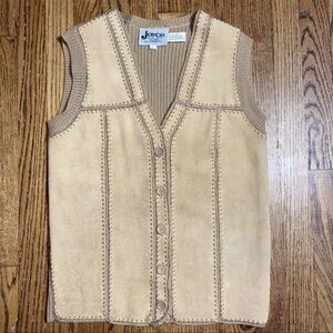 Vtg JOYCE Tan Suede Leather & Knitted Back Button Down Sleeveless Vest Large 90s